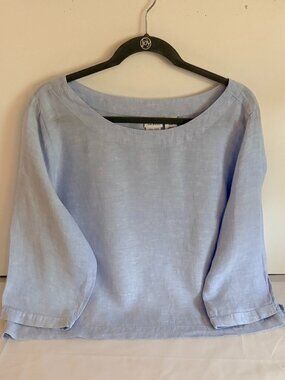 Halston Women Blue Designer 100% Linen Pullover Blouse 3/4 Sleeve Round Neck XL